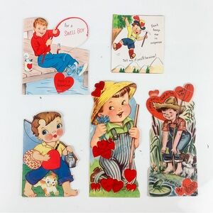 Set Of 5 Vintage Valentine Greeting Card Boys Fishing Gardening Dog Theme Diecut